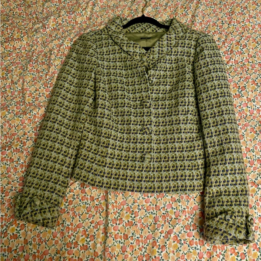 J McLaughlin Tweed Green Navy Tan Coat Size 4
